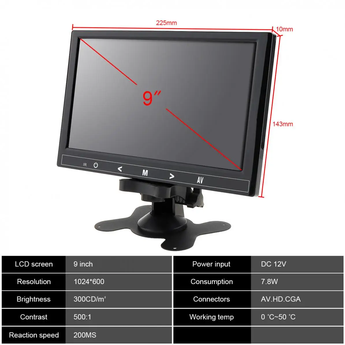 9 дюймов 12 В HD 1024*600 TFT LCD монитор заднего вида автомобиля 2 видео вход DVD VCD