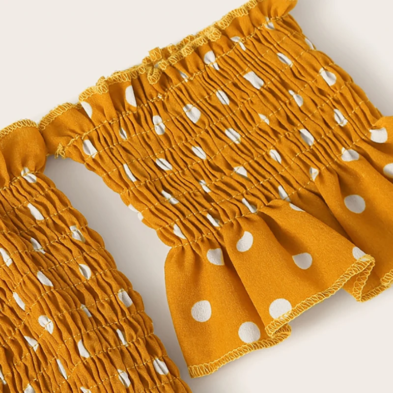 Dotfashion, имбирный горошек, гофрированная блузка с открытыми плечами для женщин, лето, бохо, короткий рукав, одежда для девушек, облегающие Топы