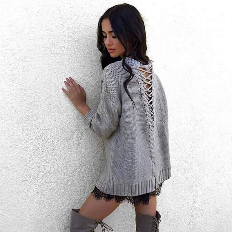 New Women Lace Up Sweaters Lady Long Loose Sleeve Cotton Casual Sweater Tops | Женская одежда