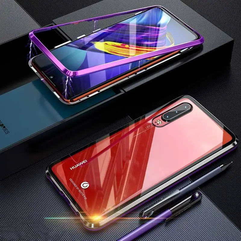black purple Магнитный металлический чехол для huawei P30 Pro Чехол-книжка Роскошный Металлический стеклянный противоударный алюминиевый бампер чехол для huawei P 30 Lite чехол - Цвет: black purple