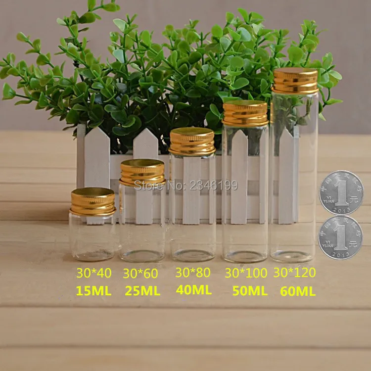 Прозрачная пустая стеклянная бутылка пробирка с золотой алюминиевой крышкой 50