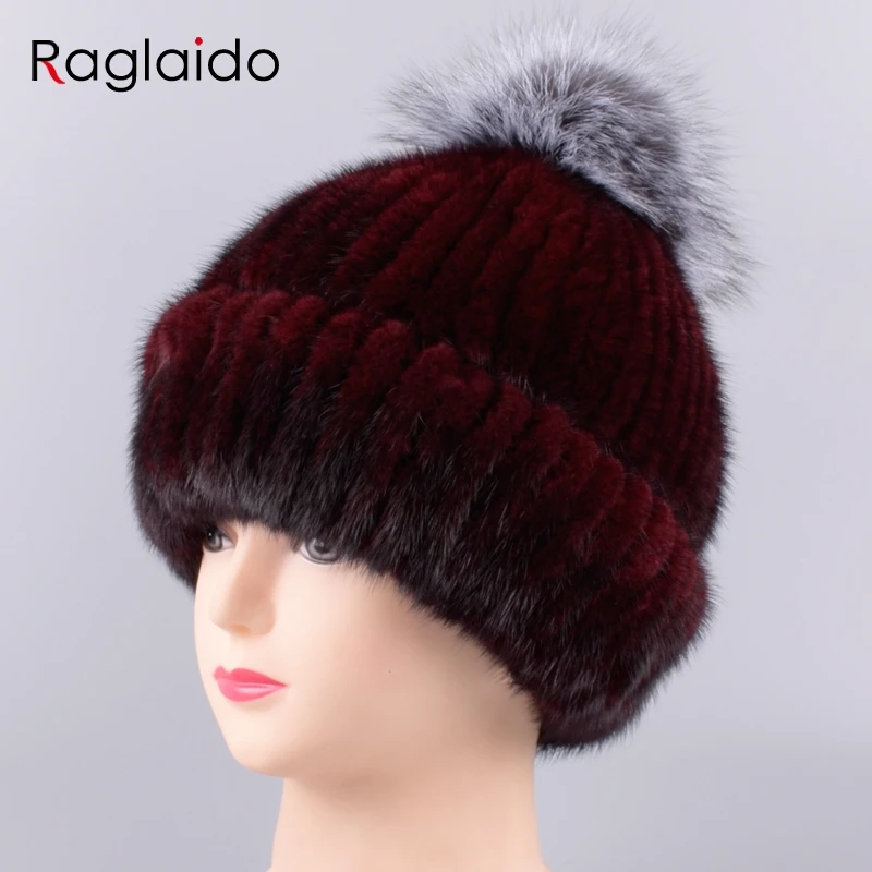 

Raglaido Women's Hats Real Mink Fur Knittd Russian Pompom Cap Winter Beanies A cap Snow Hat elastic Natural fur hat LQ11212