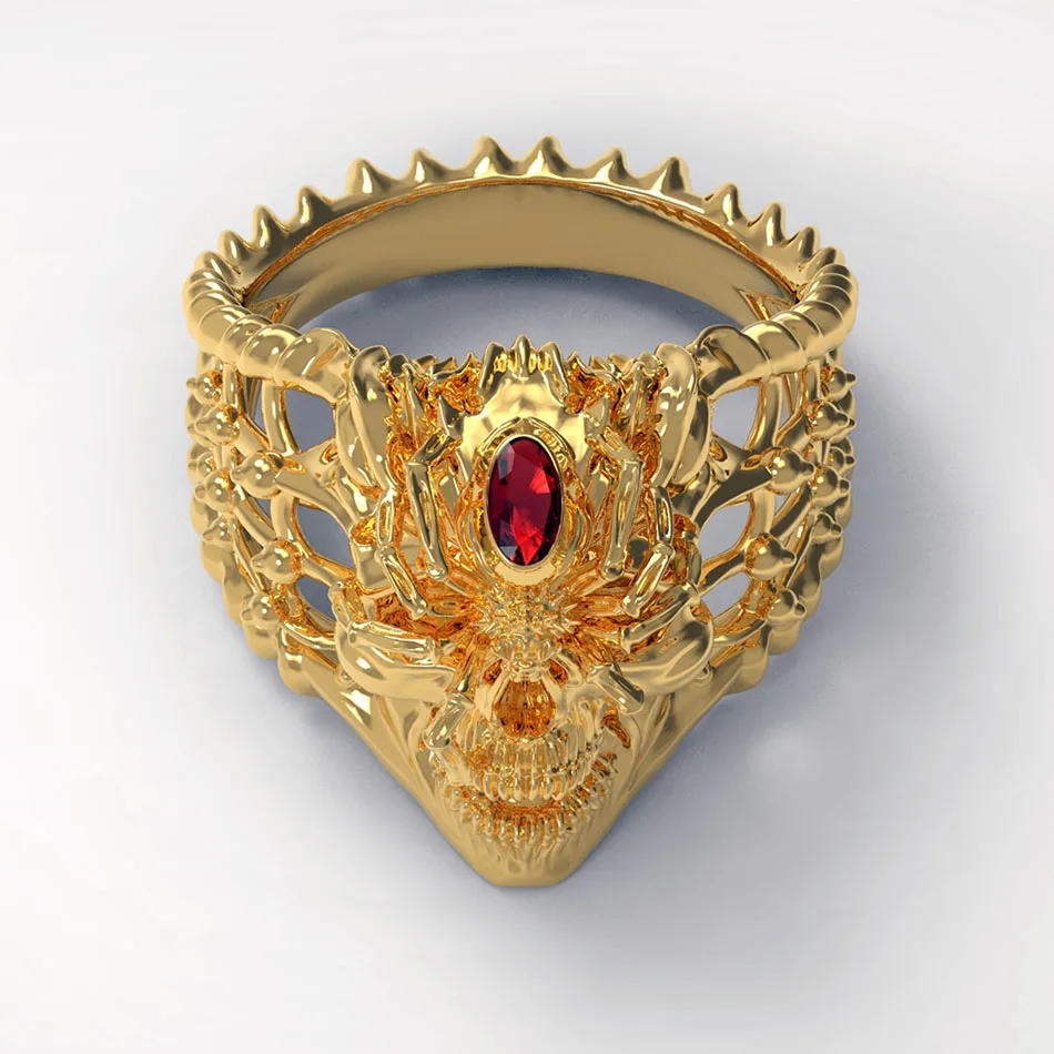 Liumo Punk Style Gold Color Dragon Skull with Red Crystal Spider Hip Hop Rock Copper Alloy Men Fashion Biker Ring Lr849 | Украшения и