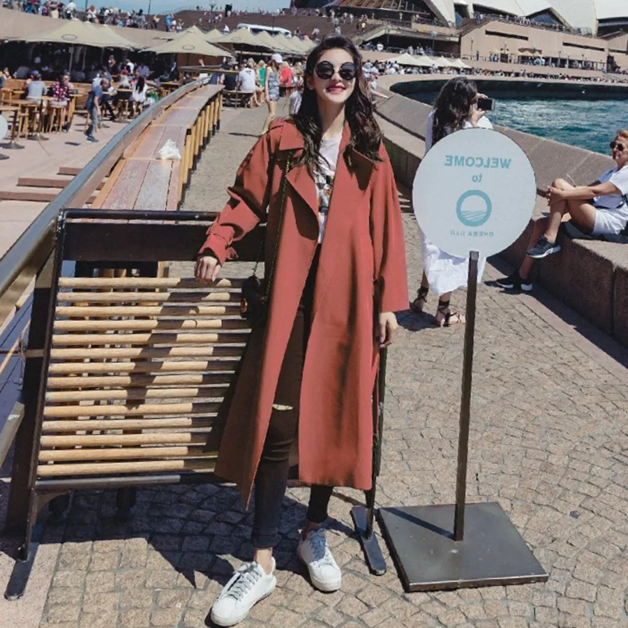 Шикарный стиль Тренч женская одежда осенняя синяя свободная ветровка с поясом