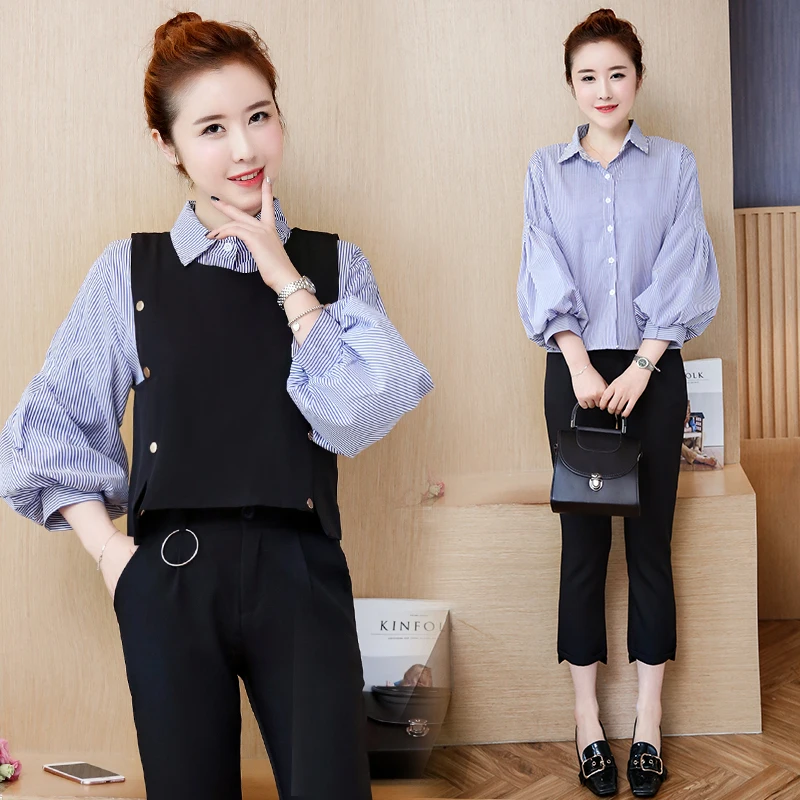 

suit women fall clothing fashion autumn new korean fashion lady stripe shirt vest slim pants three-piece clothing set outfit
