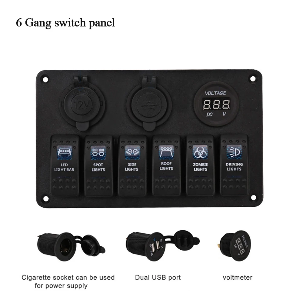 

12-24V Car-styling Boat Yacht 6 Gang Waterproof LED Car Rocker Switch Panel Circuit Breakers car Voltmeter Car Dual USB charger