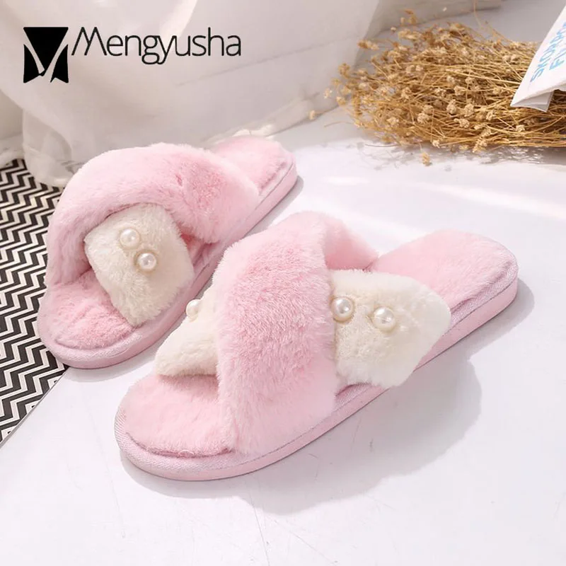 Цвета: розовый белый крест мех группа Дамские тапочки отделка жемчугом Вьетнамки