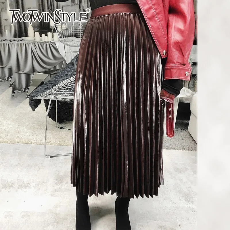 TWOTWINSTYLE PU Leather Elastic Female Skirts Solid High Waist A Line Pleated Skirt For Women Fashion Korean Style 2018 Autumn | Женская