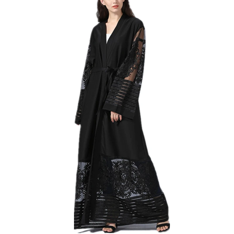 Кардиган с вышивкой кимоно мусульманское платье Abaya длинные платья модные черные