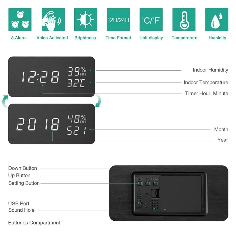 Multi-functional Led Digital Alarm Clock Innovative LED Student Electronic Snooze Sensor Kids Table Bedroom | Дом и сад