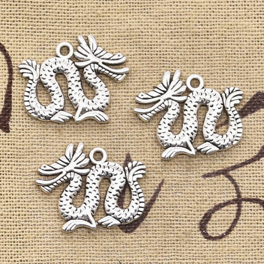 12 шт Подвески дракон Китай Loong 23x17 мм Античные посеребренные Изготовление DIY