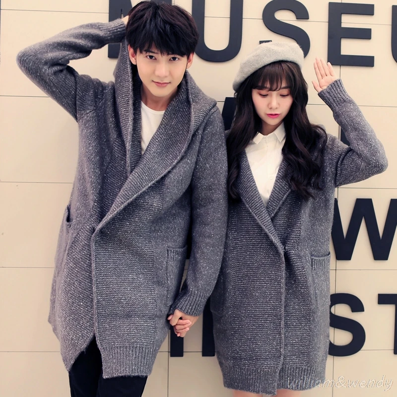 Men Women Long Sweater Coat Winter His-and-her Clothing Couple Knitted Cardigan Down Fashion Korean Warm Windbreaker Jacket |
