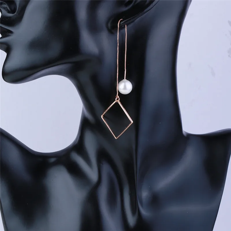 Корейская мода длинные серьги-цепочки с жемчугом квадратный сережки-подвески