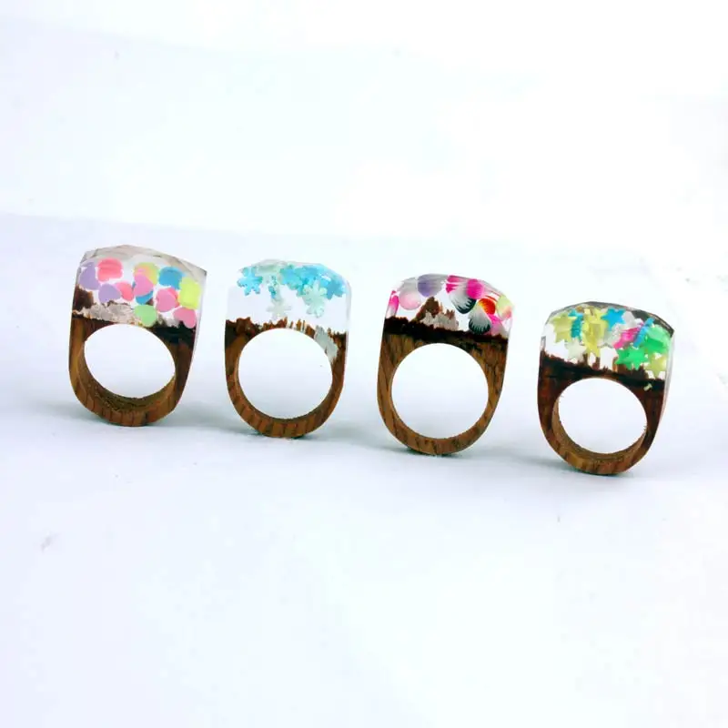 

vestone New Fashion Sky Blue Resin Wooden Magic forest Rings Party dried flower lady fashion ring Drop Shipping