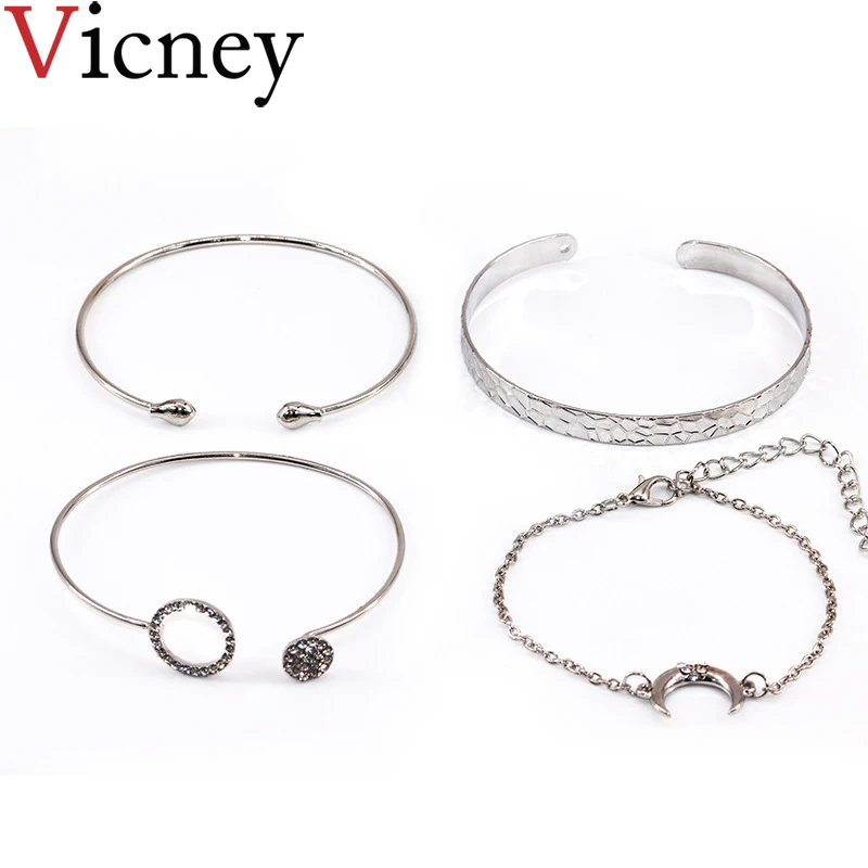 Vicney New 4 Pcs/ Set Fashion Simple Round Crystal Multilayer Adjustable Open Bracelet Party Jewelry Gift for women | Украшения и
