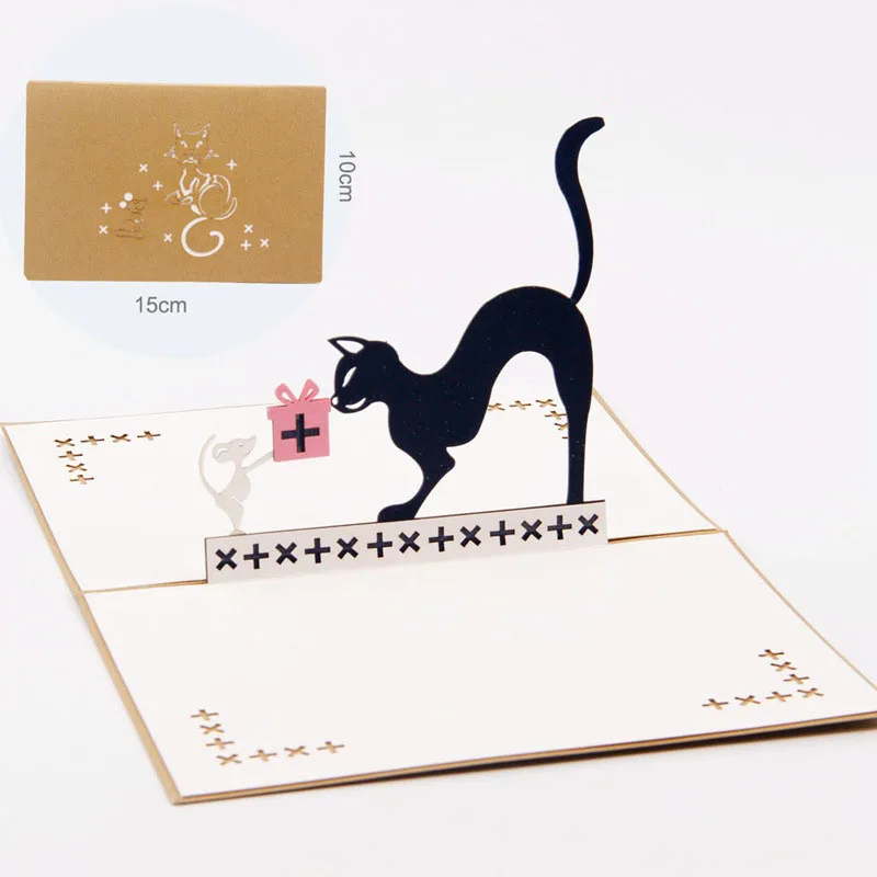 3D лазерная резка ручная работа милый черный кот мышь бумага приглашения открытки