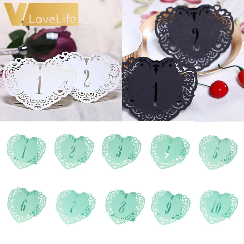 10 шт. бирюзовые пустотелые кружевные настольные карты с сердечками и цифрами
