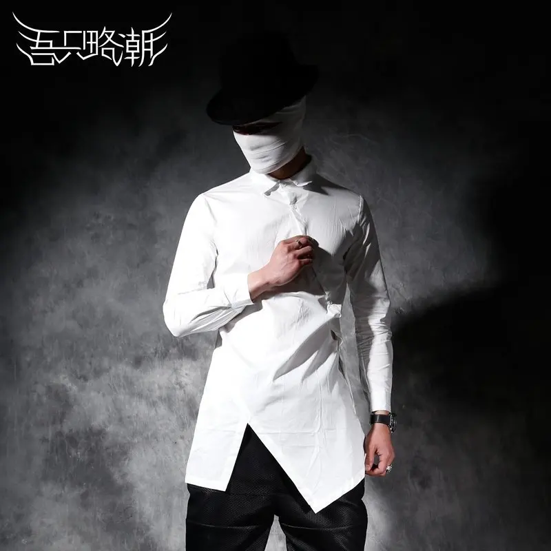 M-5XL 2018 men's clothing Spring shirt personality oblique buckle medium-long asymmetrical brief shirt plus size singer costumes