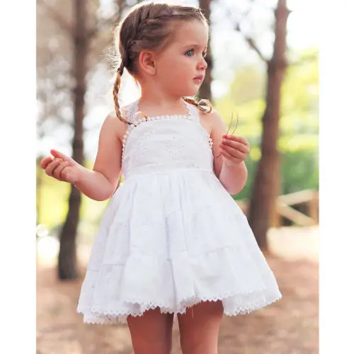 Белое кружевное платье на лямках летнее пляжное детское для девочек без спинки