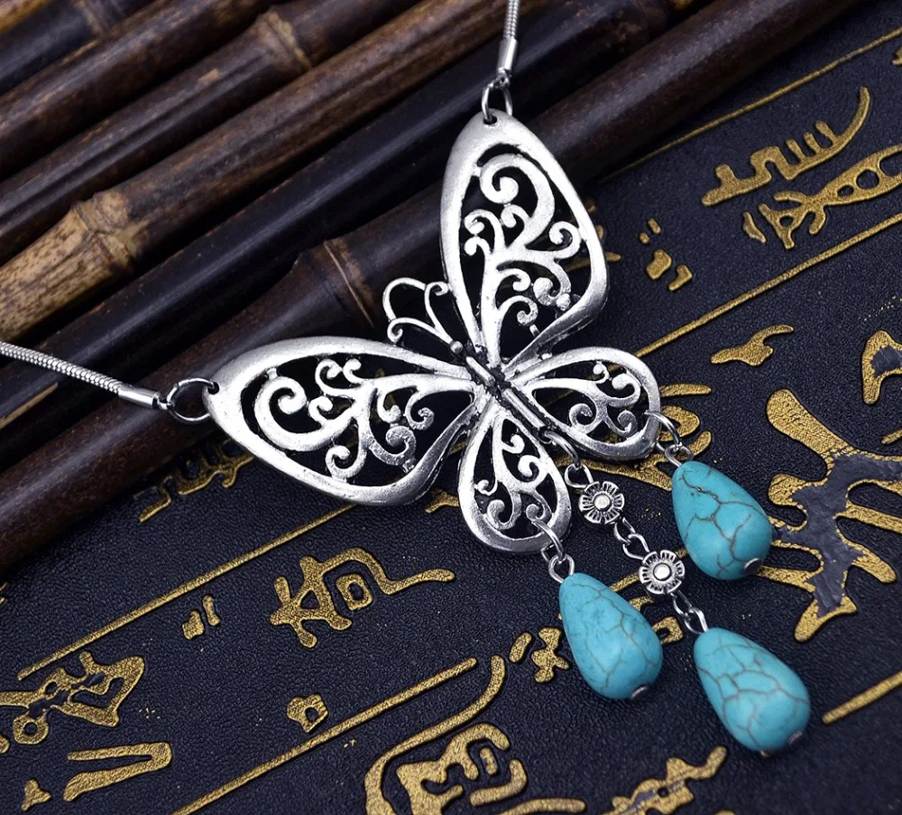 Винтажные Серебристые кулоны Цвет мотыльковый подвес-ожерелье для женщин и