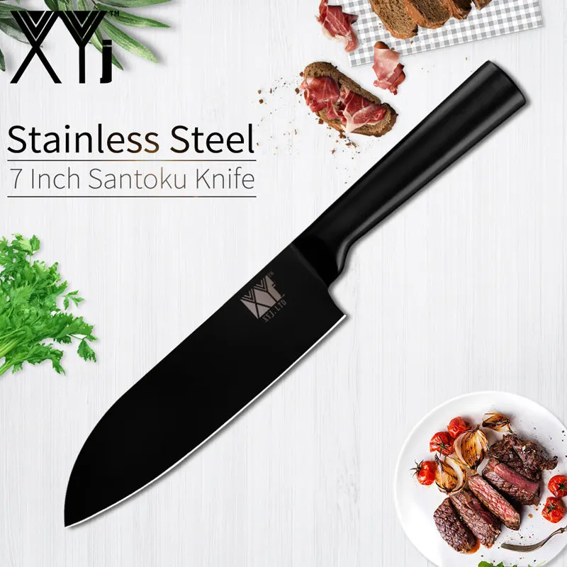 7inch Santoku Knife XYj набор кухонных ножей из нержавеющей стали, высокое качество, острый черный 4 шт., набор кухонных ножей с 8 дюймовым точилкой для ножей - Цвет: 7inch Santoku Knife