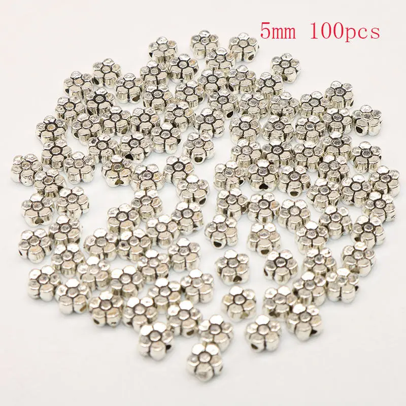 

5mm 100Pcs/lot Vintage Silver Plated Loose Beads Wheel Folower Bead Silver Color Spacer Beads for Bracelet Jewelry Making