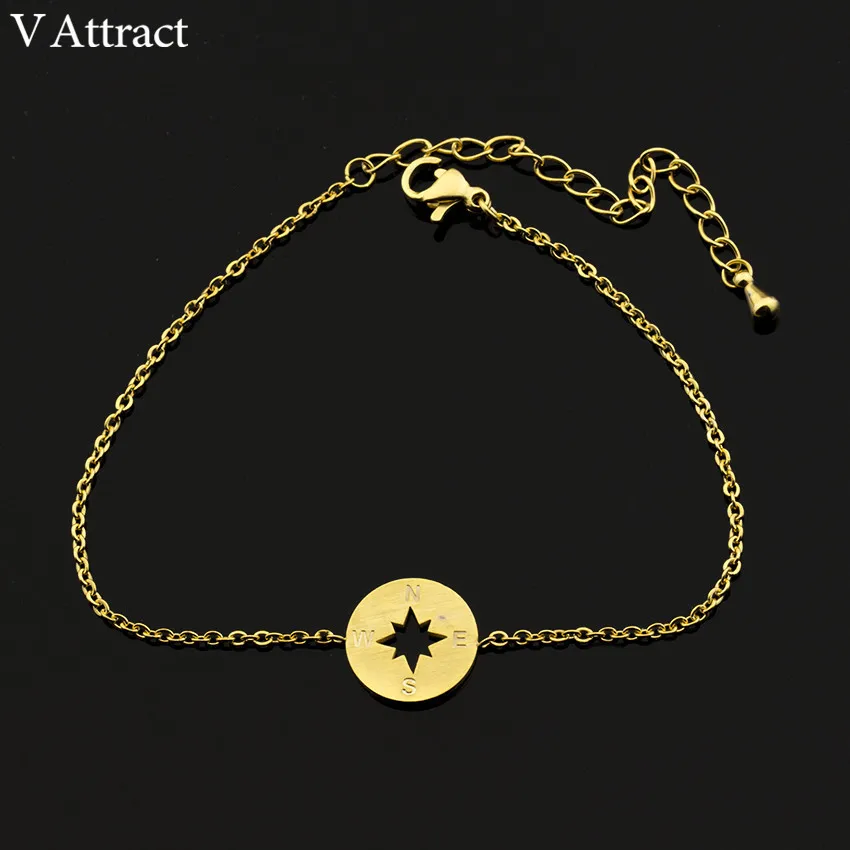 V Attract Vintage Compass Charm Bracelet Gold Silver Stainless Steel Chain Simple Geometric Round Pulseira Women Men Jewelry - Окраска металла: Золотой цвет