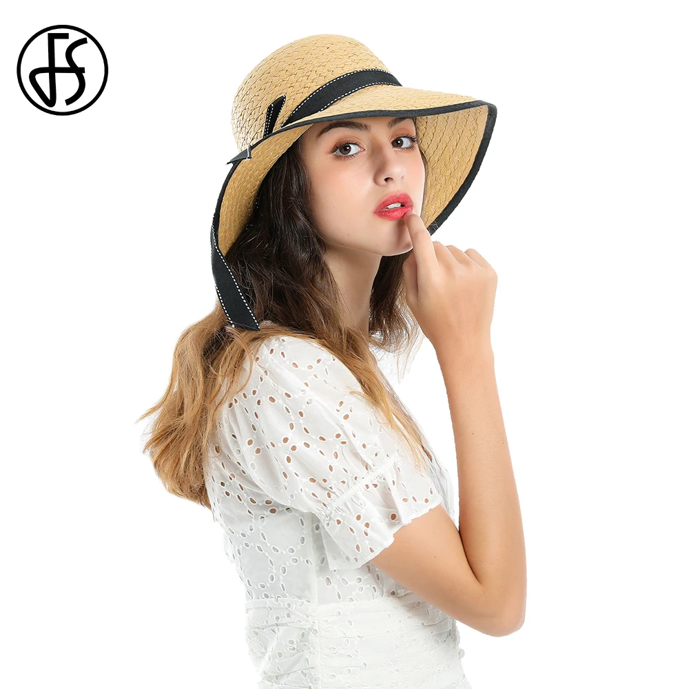 Женская пляжная соломенная шляпа FS с широкими полями и бантом желтого белого
