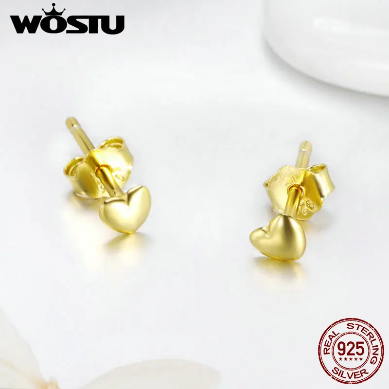 WOSTU,, 925 пробы, серебряные и золотые цвета, сердце, миниатюрные серьги-гвоздики для женщин, серебро,, новые модные серьги, ювелирные изделия