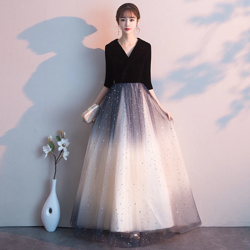 Robe De Soiree Black 2020 Sexy Backless Long Evening Dress The Bride Elegant Banquet Tulle Lace V-neck Formal Party Gown LYFY108 | Свадьбы и