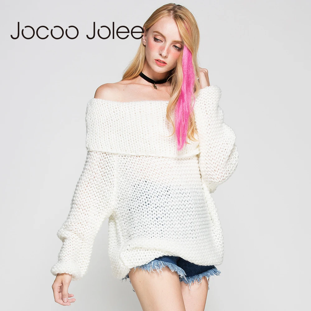 Женский вязаный свитер Jocoo Jolee белый с длинным рукавом и открытыми плечами осень