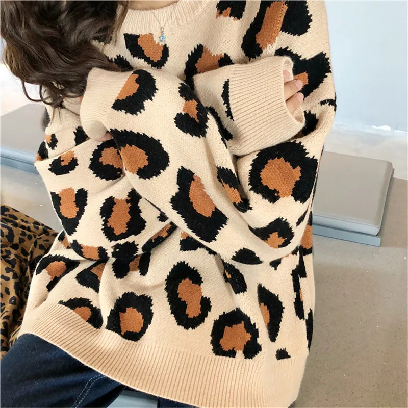 New Fashion Female Leopard Sweater 2018 Winter Runway sweater Casual O-Neck Knitted Long Sleeve Pullovers For Women Sueter Mujer | Женская