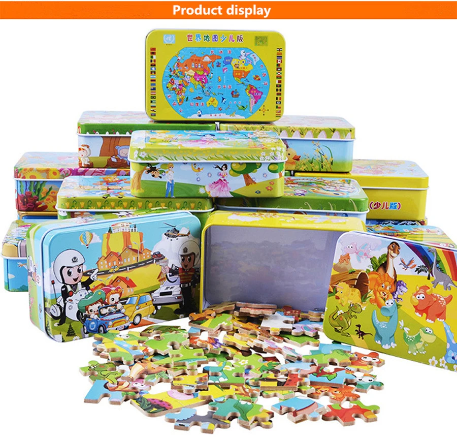60 Pieces Puzzle Wooden Toys Cartoon Animal Wood Puzzles with Iron Box Kids Baby Early Educational Learning Toys for Children