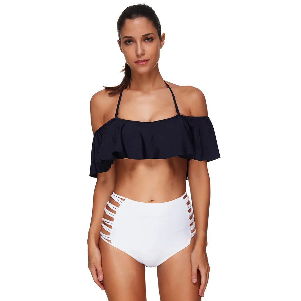 Женский купальник с высокой талией однотонный оборками пуш-ап обтягивающий