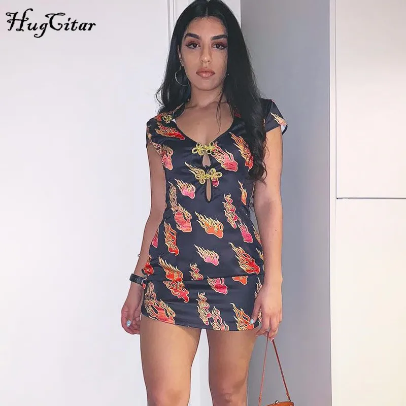 Hugcitar принтом принт cheongsam выдолбить сексуальные летнее летний женское женские женщин мода стройный клубное нарядные высокая талия облегающее обтягивающее мини платье платья поатье