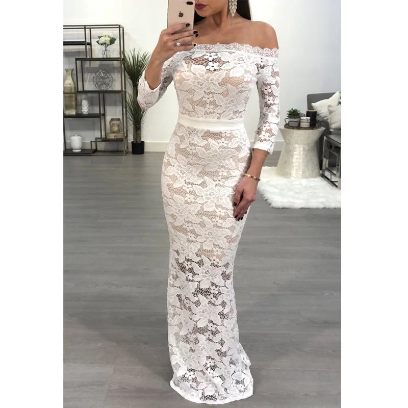 Женское вечернее платье макси BKLD элегантное белое кружевное ажурное с открытыми
