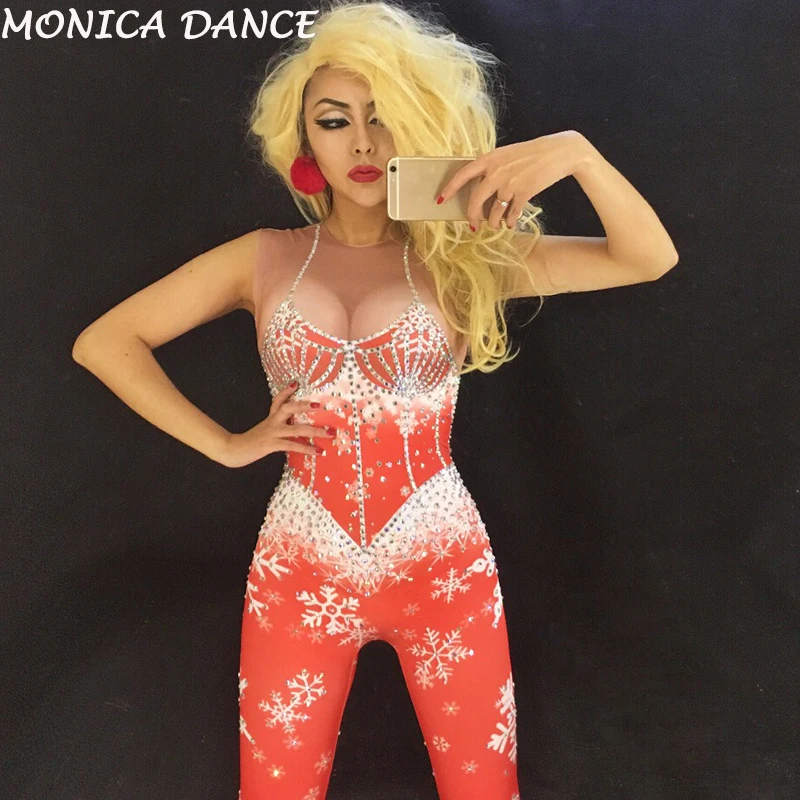 Sexy Snow Bodysuit Christmas Costumes Sparkling Crystals Jumpsuit Celebrate Nightclub Party Singer Performance Stage Dance Wear