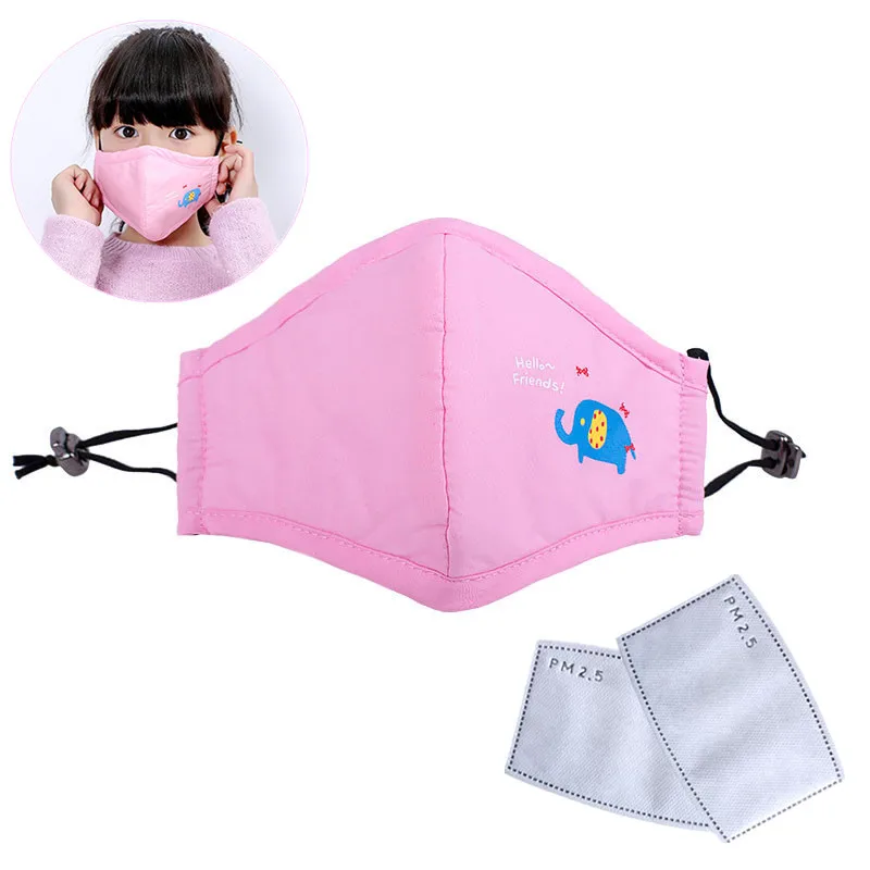 Pink Хлопковая детская маска для рта с милым мультяшным животным, противопылевая, PM 2,5, детская маска для лица с 2 фильтрами из активированного угля - Цвет: Pink