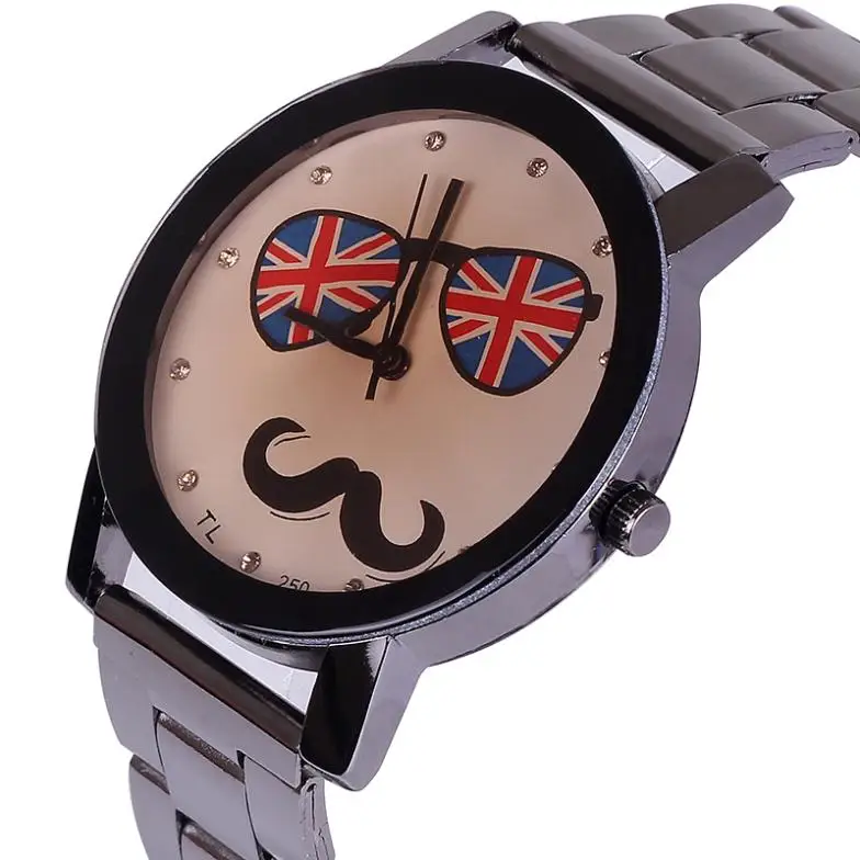 Lovers watch for young man women with uk flag glass beard design crystal diamonds quartz stainless steel wholesale dropship | Наручные