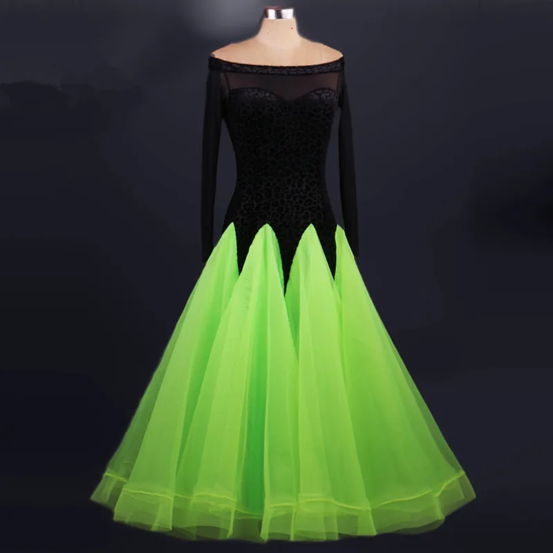 

green black patchwork adult Viennese Ballroom Fox trot Quick step tango Modern galop Waltz competition practice Dance Dress
