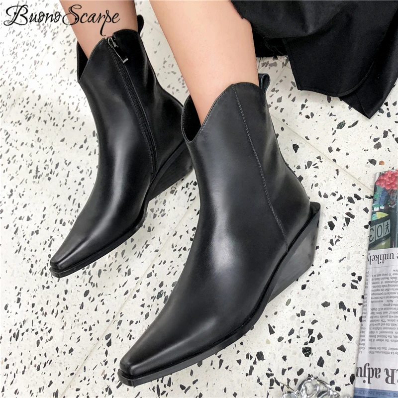 

Buono Scarpe Retro Women Boots Zipper Ankle Boots Genuine Leather Booties Strange Med Heels Short Botas Mujer Ladies Shoes 2019