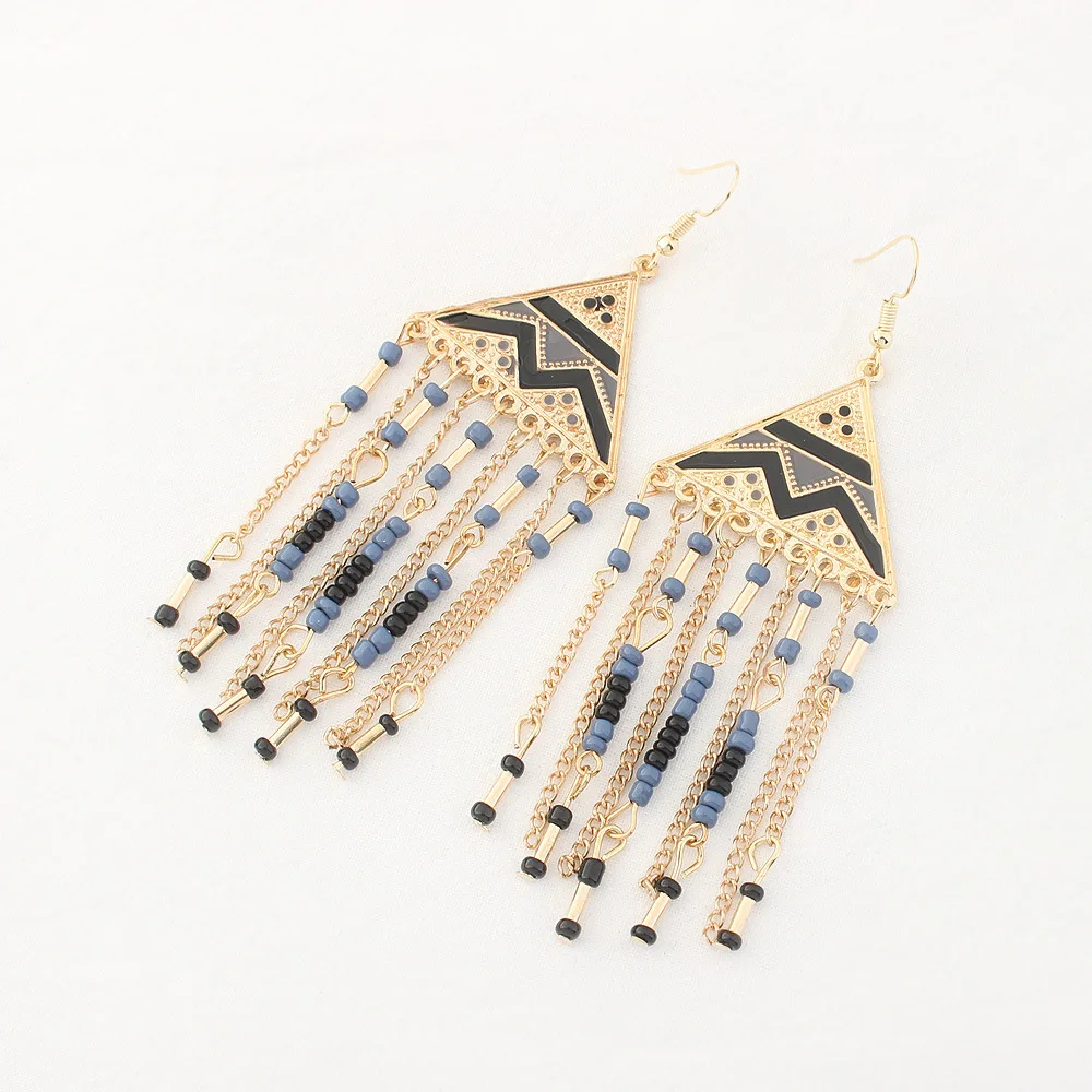 Винтажные этнические серьги подвески с бусинами цепочкой и кисточками висячие