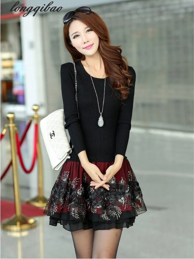 Женское облегающее платье-свитер с кружевом весна-осень 2017 | Женская одежда