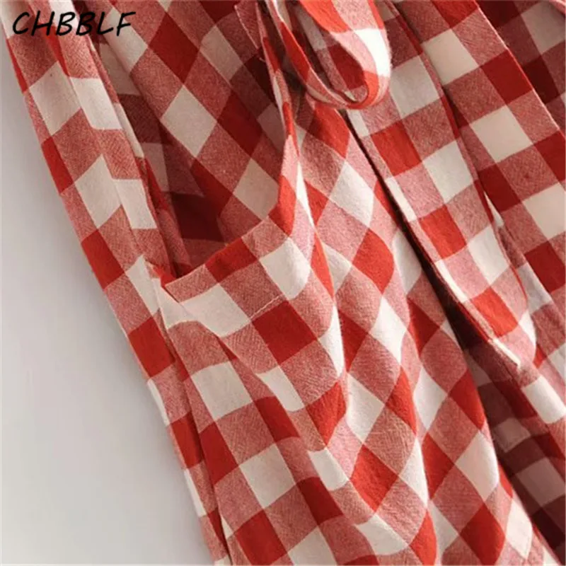 Женское платье средней длины CHBBLF клетчатое с треугольным вырезом и бантом поясом карманами платья до