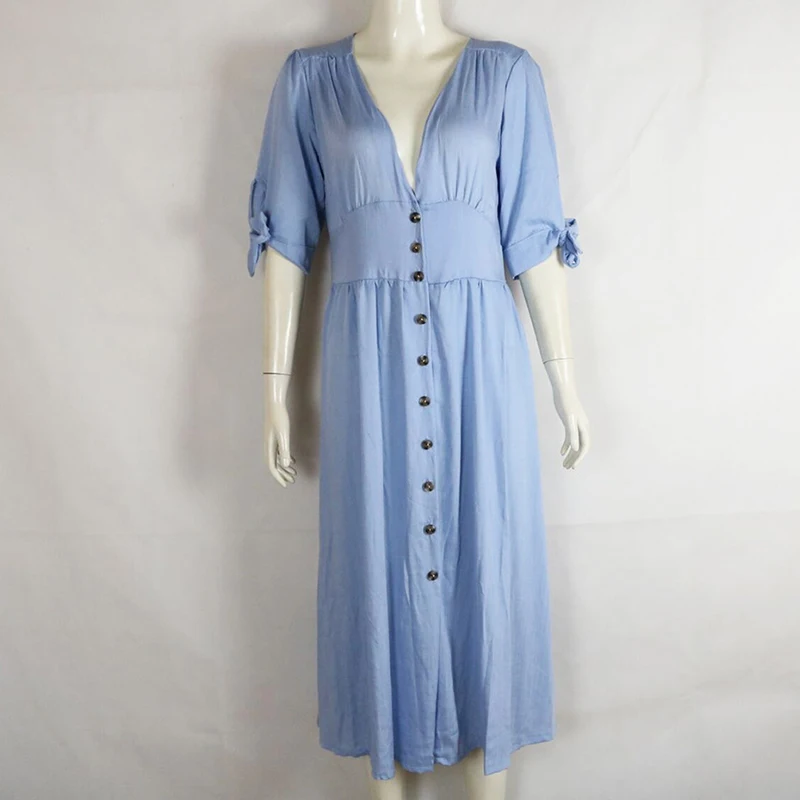 Женское однобортное платье макси на пуговицах однотонное повседневное офисное с