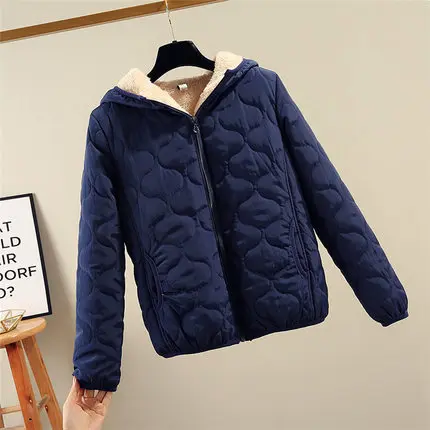 navy blue Новинка, женское хлопковое пальто, Женское пальто с мехом ягненка, зимнее пальто большого размера 3XL, короткая хлопковая куртка с капюшоном, Толстая теплая хлопковая одежда - Цвет: navy blue
