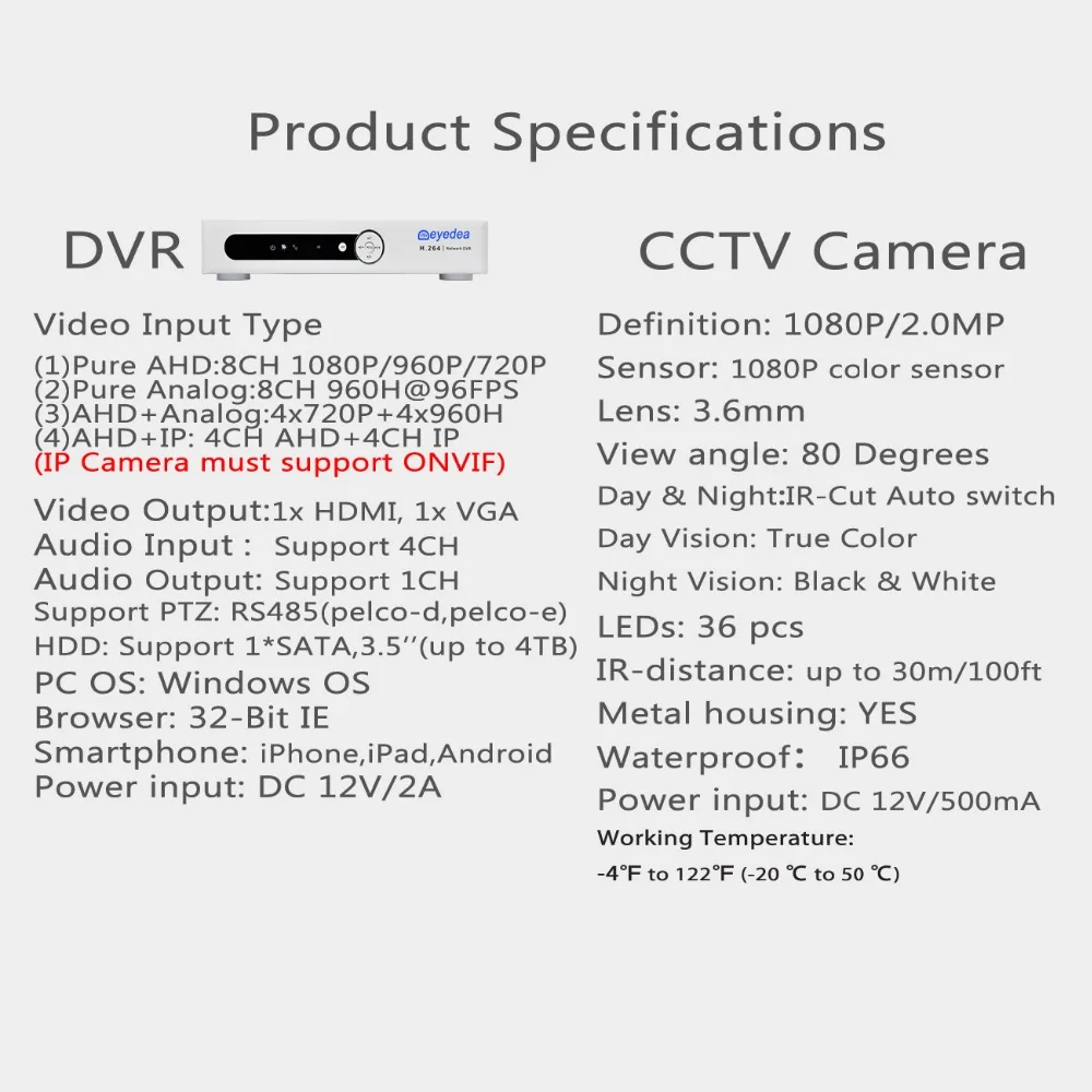 В России Eyedea 8 CH HDMI DVR 1080P 2.0MP 5500TVL детектор движения LED ночное видение открытый вид