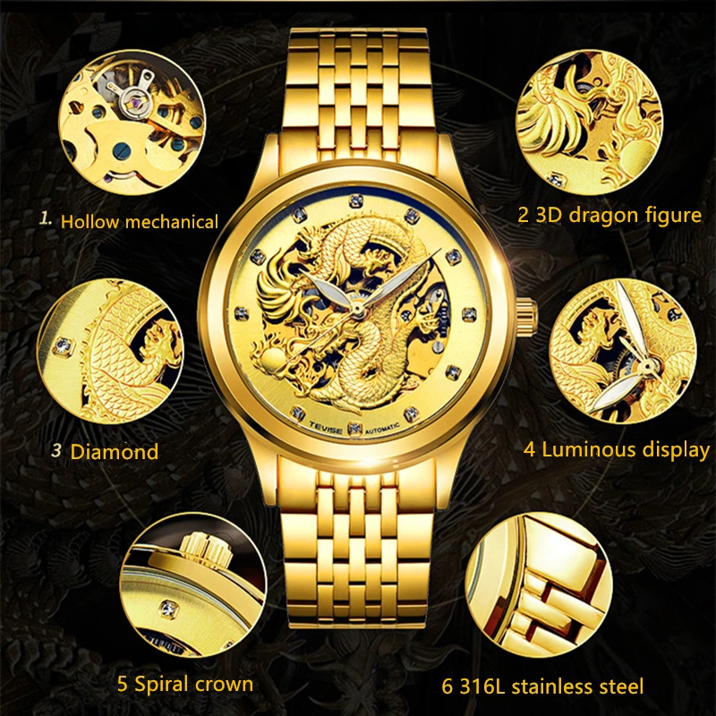 TEVISE Мужские часы с драконом автоматические механические tourbillon модные мужские