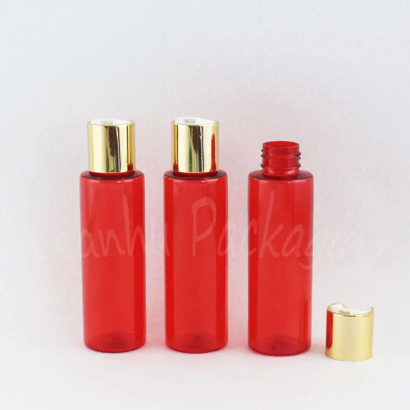 Красная пластиковая бутылка с крышкой золотым диском 100 мл флакон для