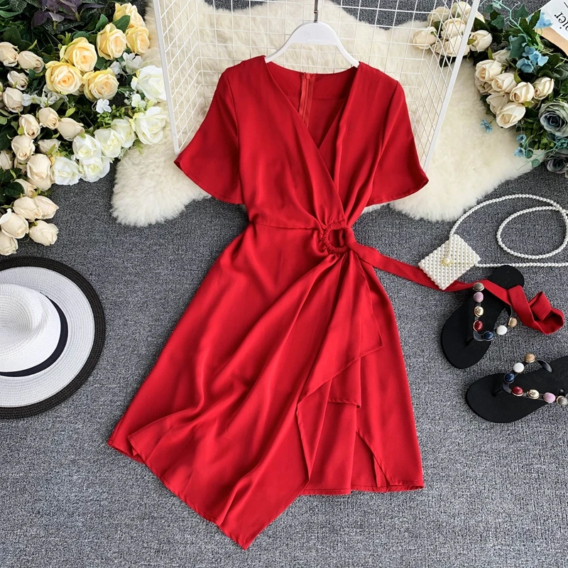 2019 новые модные женские платья сплошного цвета с v образным вырезом и коротким